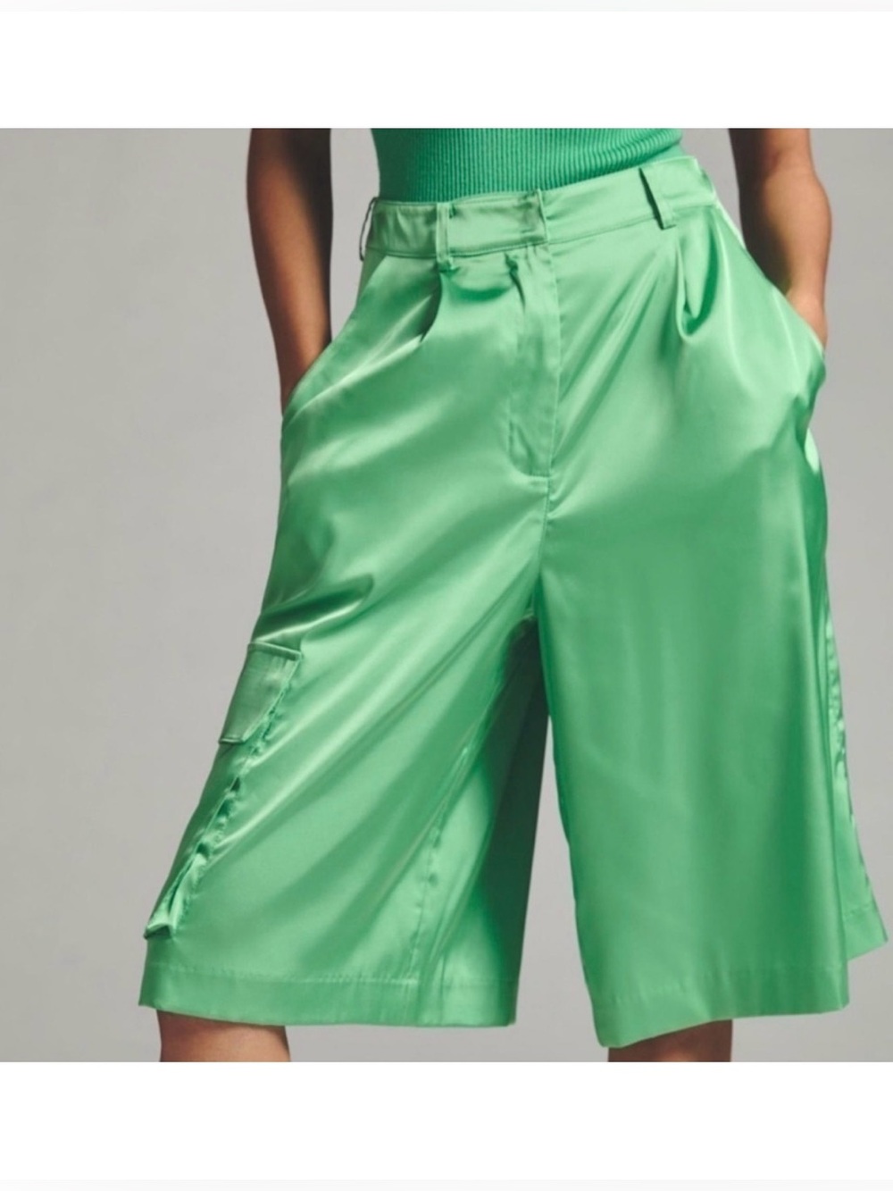 ANTHROPOLOGIE Hutch Pleated Utility Shorts Hi Rise Satin Green Size M NEW